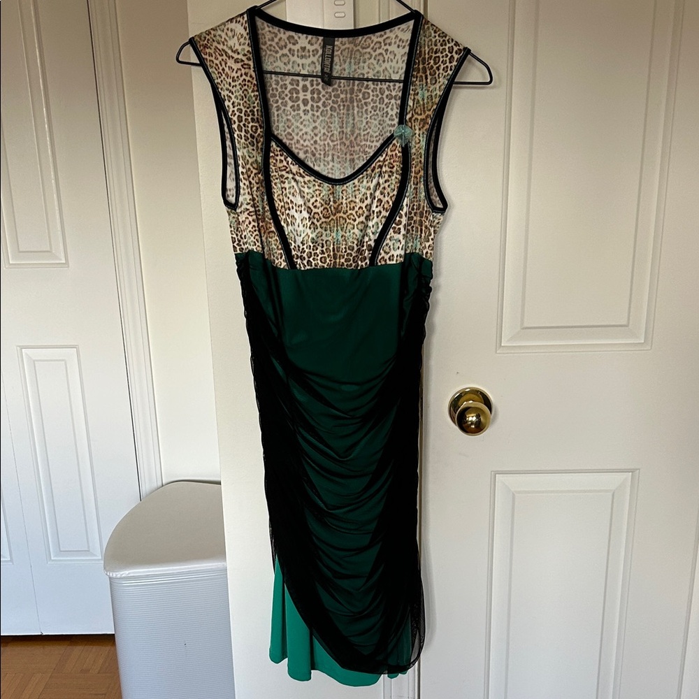 Sleeveless Green and Leopard-Print Midi Dress with Black Draped Overlay